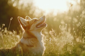 Wall Mural - Portrait of a cute corgi dog having fun in a green meadow