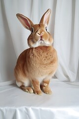 Poster - A fluffy rabbit sitting elegantly on a white surface with soft drapes