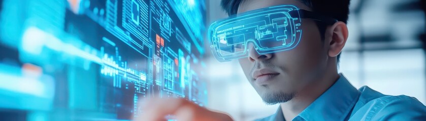 Aufkleber - A man exploring virtual reality through immersive virtual glasses showcasing futuristic technology and the captivating allure of digital experiences