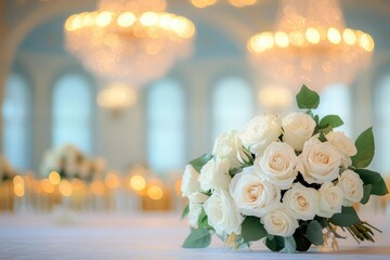 Aufkleber - Elegant Bouquet of Pure White Roses Gracefully Arranged on a Simple Table Evoking a Sense of Peace and Beauty in a Soft Natural Light Setting