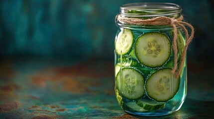 Wall Mural - Refreshing cucumber infused water in mason jar on teal background