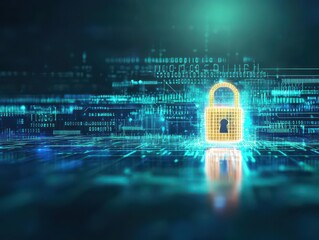 Fototapete - A Lock Embedded in a Complex Digital Circuit Symbolizing Security and Technology in a Modern Digital Environment with Intricate Connections and Patterns