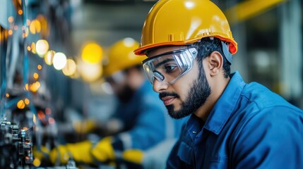 Poster - Dedicated Worker in Safety Gear Focused on Precision Engineering of Heavy Machinery in Industrial Setting Highlighting Safety and Professionalism