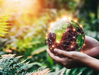 Fototapete - A Hand Gracefully Holding a Sphere Featuring a Dynamic Network Design Symbolizing Connectivity and Technology in a Modern Artistic Context