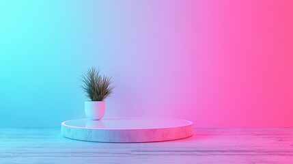 Aufkleber - Vibrant Potted Plant Flourishing in Bright White Pot Against Artistic Pink and Blue Background Creating a Fresh and Lively Atmosphere for Any Space