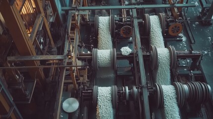 A cotton spinning station featuring raw cotton, yarn spools, and a textile manufacturing workspace, aerial view.