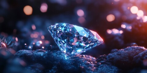 3D render of a shiny blue diamond on a dark background with bokeh lights. Concept for a luxury, rich, and expensive theme. Close-up view. Shiny sapphire or cobalt crystal gemstone .