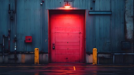 A red door is lit up in a dark building