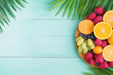 Aufkleber - Vibrant Assortment of Fresh Fruits Surrounded by Lush Tropical Leaves Displayed on a Rustic Blue Wooden Background Evoking a Refreshing Summer Vibe