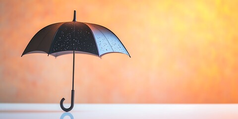 Wall Mural - Black umbrella with raindrops on a reflective surface against an orange background