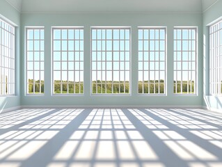 Canvas Print - Bright and airy room with large windows showcasing a scenic view