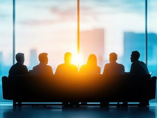 Poster - Silhouette of Business Professionals Engaged in Discussion on Couch in Modern Office Setting Conveying Collaboration and Professionalism in Workspace
