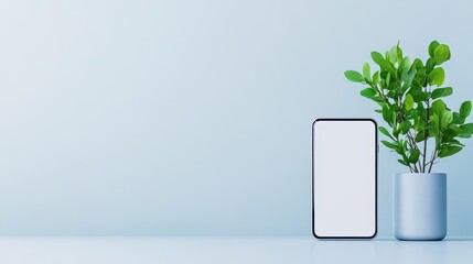Poster - Elegant Minimalist Arrangement Featuring a Lush Green Plant in a Pure White Vase Complemented by a Sleek White Phone on a Simple Tabletop Setting