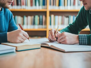Poster - Focused Students Engaged in Academic Study Surrounded by Books in a Quiet Library Environment Emphasizing Learning and Knowledge Acquisition