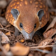 Wall Mural - Close-up of a unique mammal foraging in the forest floor with leaves