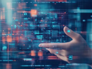 Leinwandbilder - A Person's Hand Gently Interacting with a Futuristic Digital Interface Displaying Colorful Graphics and Data Representations in an Innovative Environment