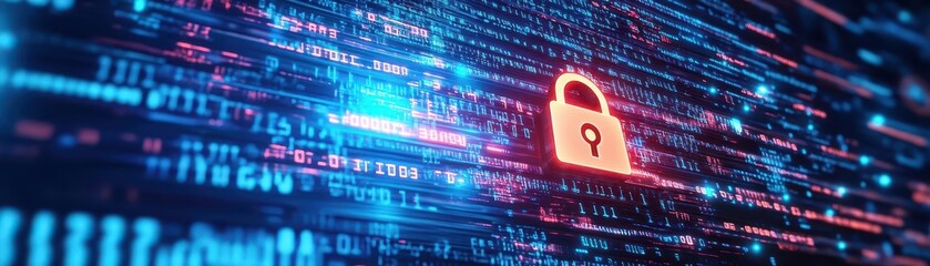 Fototapete - A Close Up of a Heavy Duty Padlock Placed on a Computer Screen Symbolizing Security Privacy and Protection in the Digital Age of Technology