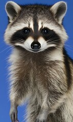 Wall Mural - Close-up portrait of a raccoon against a solid blue background