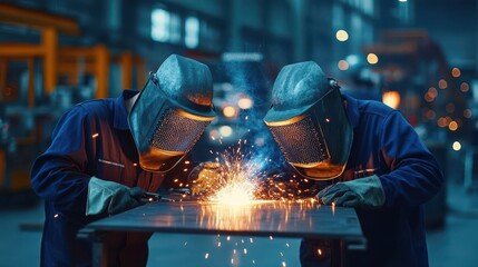 Leinwandbilder - Two Skilled Welders Engaged in Precision Metalwork Inside a Busy Industrial Factory Creating Sparks in a Dynamic and Productive Work Environment
