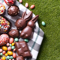 Wall Mural - Colorful assortment of Easter chocolates and candies on grass