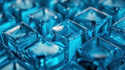 Poster - Close-up of numerous translucent blue ice cubes arranged in a grid pattern, reflecting light.