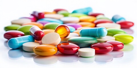 Wall Mural - Round Pills & Tablets: Antidepressants, Painkillers, Medicine, Healthcare, Pharmacy Stock Photo