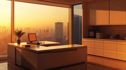 Wall Mural - Modern Office Workspace with Sunset View Over Cityscape