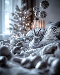 Wall Mural - Cozy holiday scene with a rabbit figurine surrounded by decorative ornaments