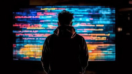 Programmer reading code on large screen in dark room