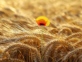 Wall Mural - A Solitary Red Poppy Amidst a Swaying Golden Wheat Field Backdrop