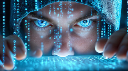 Wall Mural - a young person with a hood intensely stares at a laptop, surrounded by glowing blue binary code repr
