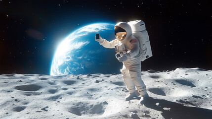 Wall Mural - an astronaut stands on the moon's surface capturing a picture of earth with a smartphone. the vast l