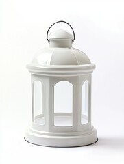 Wall Mural - A white lantern with a black handle sits on a white background. The lantern is made of glass and has a clear top