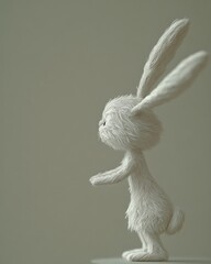 Poster - Cute fluffy rabbit character standing on a table against a neutral background