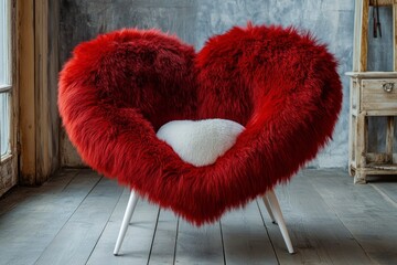 Sticker - A plush red heart-shaped chair with white legs, adorned with soft fur and featuring an oversized cushion in the center of its backrest, creating a romantic atmosphere for Valentine's Day.