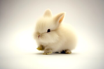 Poster - Cute fluffy white rabbit sitting on a soft surface with a blurred background