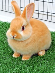 Wall Mural - Cute orange rabbit sitting on green grass in a cozy indoor setting