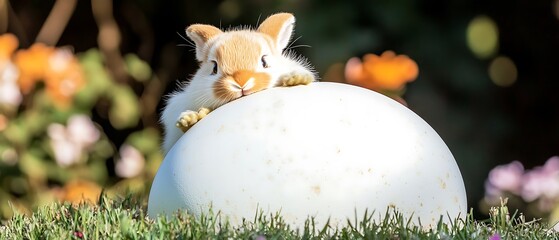 Wall Mural - Cute rabbit peeking over a large white egg in a colorful garden