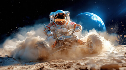 Wall Mural - an astronaut is joyfully riding a lunar rover across the moon's surface, creating a cloud of dust wh