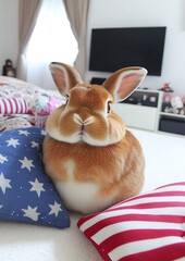 Canvas Print - Cute rabbit sitting on a cozy bed with decorative pillows in a bright room