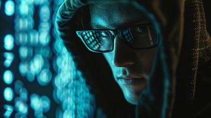 hacker with glowing digital interface analyzing complex network of data and information in a dark fu