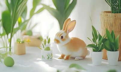 Wall Mural - Cute rabbit surrounded by greenery and decorative plants in bright setting