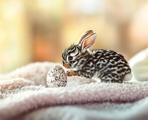 Poster - Cute striped rabbit curiously examining a decorative Easter egg indoors