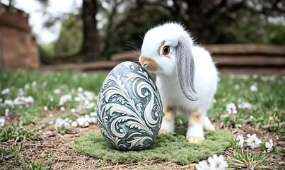 Poster - Cute white rabbit curiously inspecting ornate Easter egg in garden