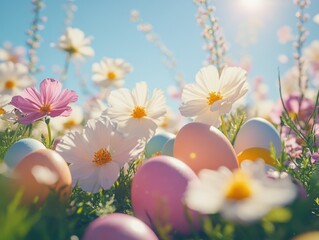 Colorful field with wildflowers and brightly colored Easter eggs.