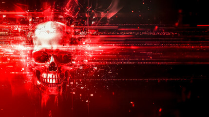 Human skull emerging from red digital matrix effect representing cyber crime