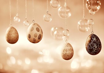 Wall Mural - Decorative Easter eggs hanging with bubbles in a soft, blurred background