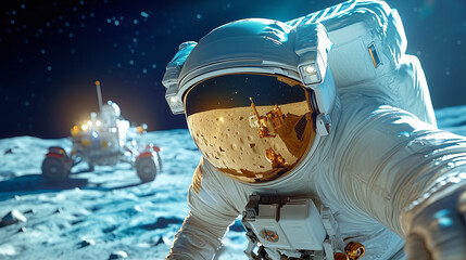 Wall Mural - astronaut in a white space suit engages in exploration on the moon's surface, with a lunar rover vis