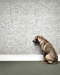 Canvas Print - Dog sitting quietly against a textured wall in a minimalist room