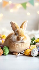 Wall Mural - Easter Bunny Surrounded by Colorful Eggs and Spring Flowers (1)